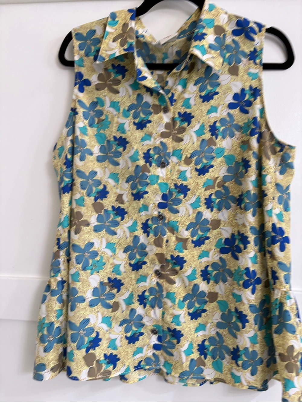 CAbi Yellow Floral Blouse with Blue and Teal Blooms